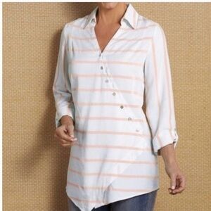 Soft Surroundings Asymmetrical Peach and White Stripe Button-Down Shirt